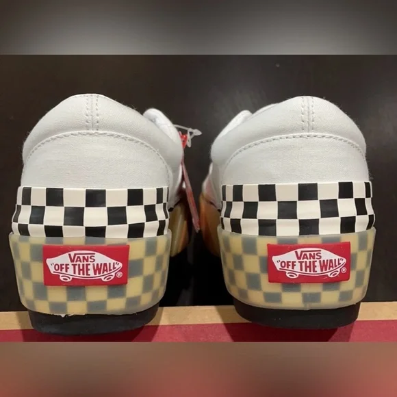 Vans White Canvas Sneakers with Black Checkered Heel - Picture 5 of 6
